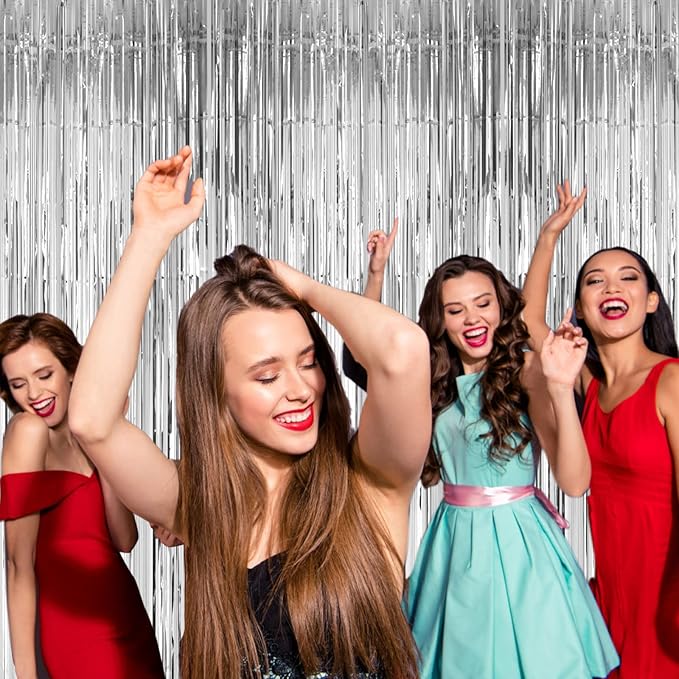 4 Pack Silver Foil Fringe Backdrop Curtains, Tinsel Streamers Birthday Party - Image 7