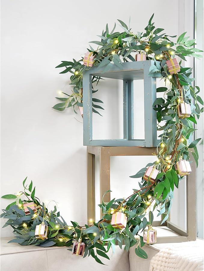Artificial Willow Garland with Battery String Lights & Pink Gift Box Ornaments - Image 3