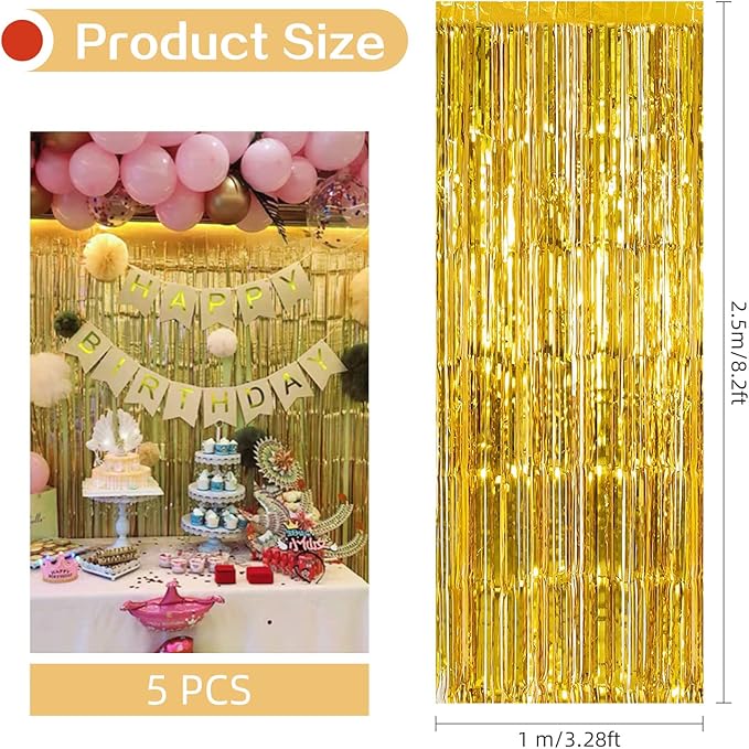 5 Pack Gold Fringe Backdrop 3.2ft x 8.2ft Foil Curtain Tinsel Foil Fringe - Image 3