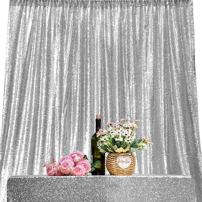 Silver Sequin Backdrop Curtains 4 Panels 2FTx8FT Wedding Photo Backdrop Glitter - Image 5