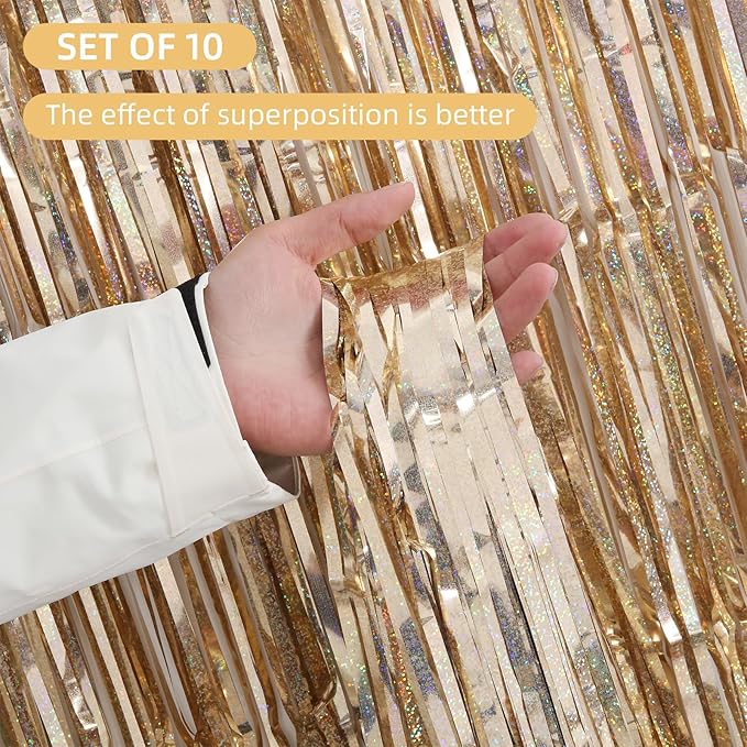10 Pack Champagne Gold Backdrop Curtain 3.2ft x 8.2ft Metallic Tinsel Foil - Image 2
