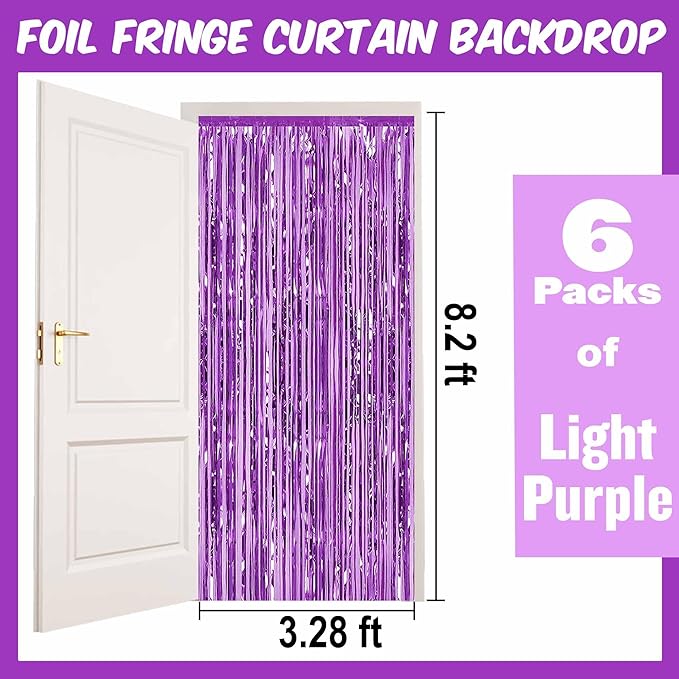6 Pack Light Purple Foil Fringe Curtains Backdrop, 3.28 x 8.2 Ft Metallic - Image 2