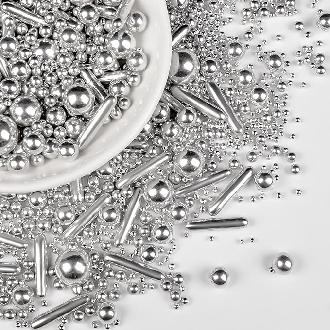 Silver Pearl Rods Sprinkles, Edible Sugar Candy Mix Size, 150g/5.29oz, Baking - Image 5