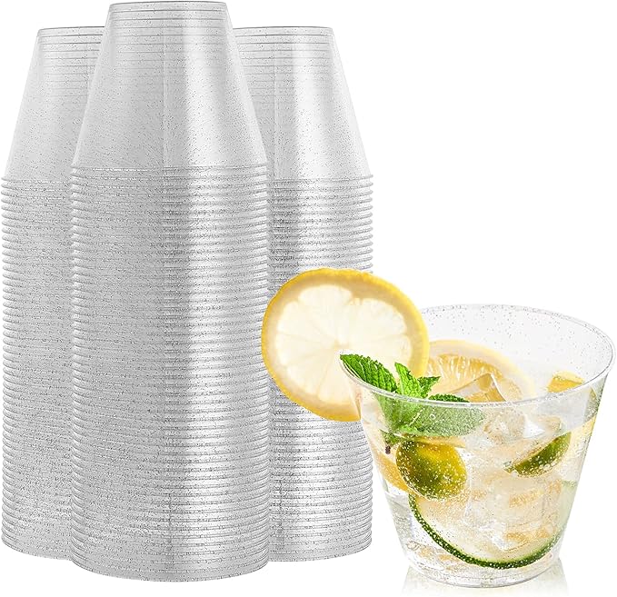 FOCUSLINE 9 oz Silver Plastic Cups, Disposable Clear Fancy Hard Plastic Cups by FOCUSLINE