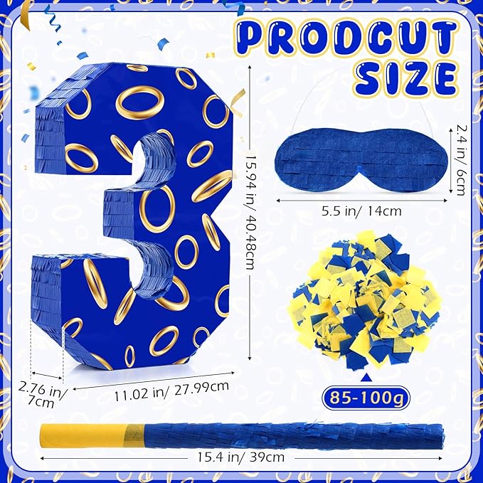 Number 3 Blue and Golden Rings Piñata - Image 2