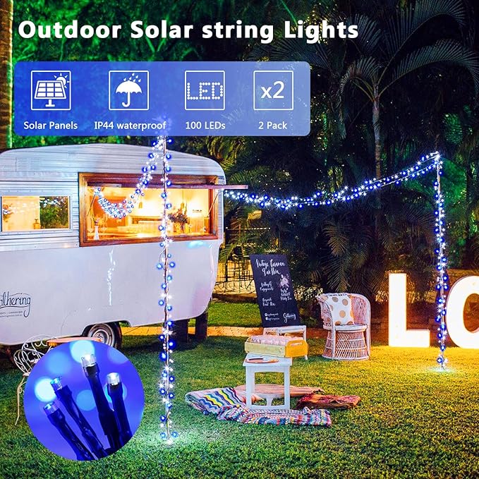 JMEXSUSS 2 Pack Blue & White Solar String Lights, Each 100 LED 33ft, Waterproof - Image 2