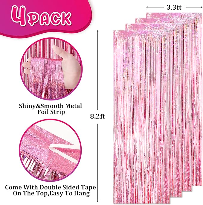 4 Pack 3.3x8.2 Feet Laser Pink Foil Fringe Backdrop Curtains, Tinsel Streamers - Image 3