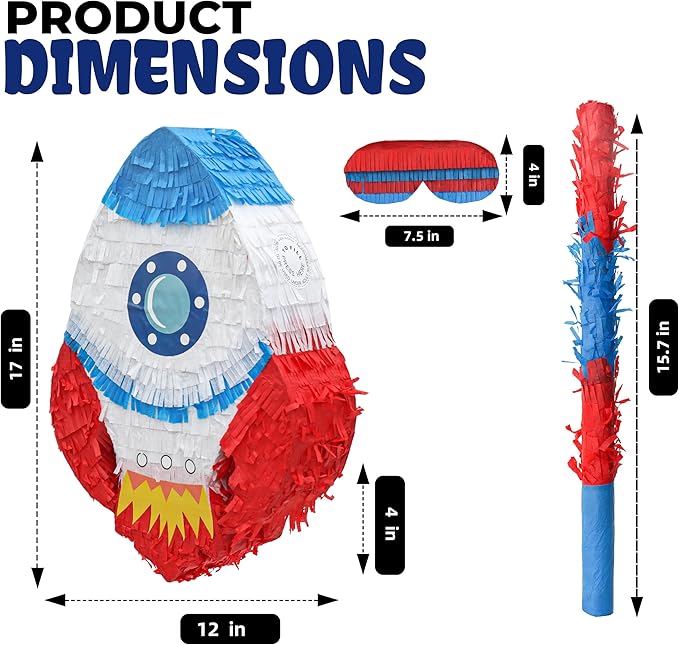 Rocket Pinatas Bundle with a Blindfold and Bat, Space Theme Birthday, Decoration - Image 2