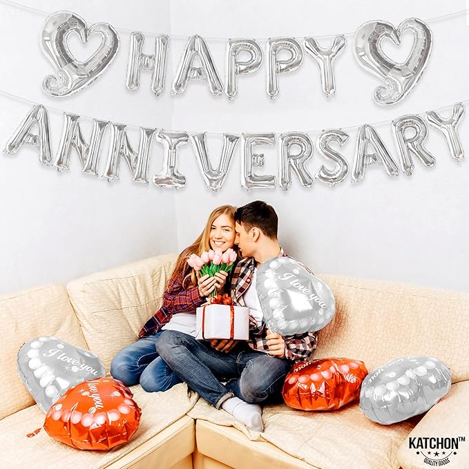 KatchOn, 18 Inch | Silver Happy Anniversary Balloon Banner | Heart Balloons - Image 6