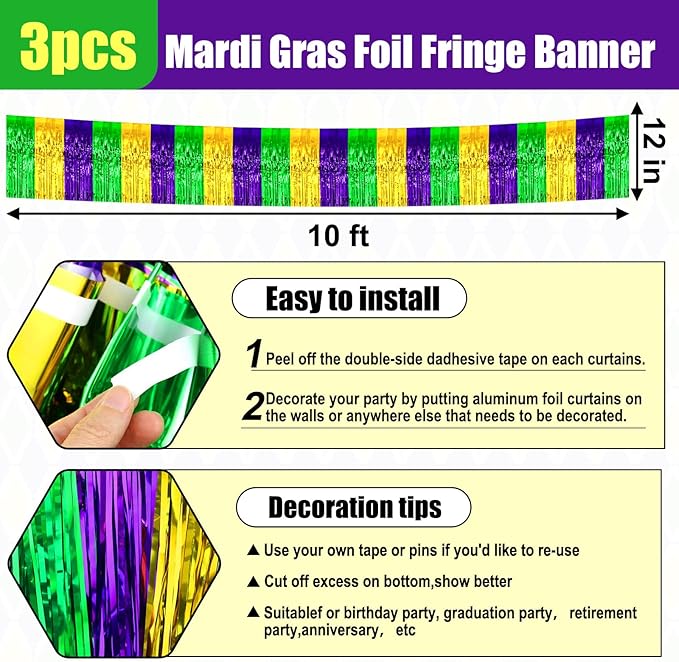 3 Pack 10 Long Gold Green Purple Metallic Foil Fringe Garland Wall Hanging - Image 2