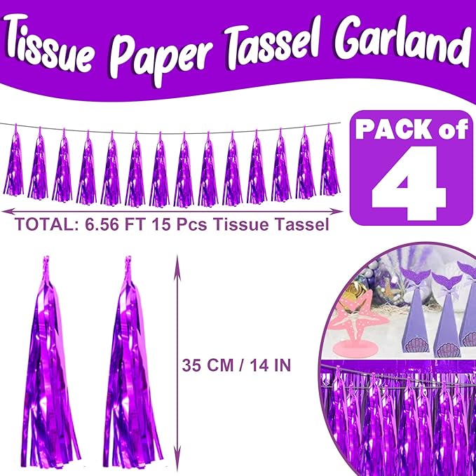 4P Purple Foil Fringe Metallic Streamers Banner Tassel Garland - Image 2