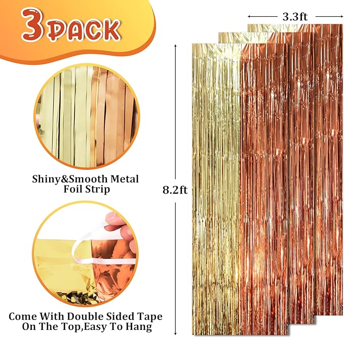 3 Pack 3.3 x 8.2 ft Rose and Champion Foil Fringe Backdrop Curtains, Tinsel - Image 2