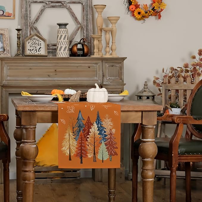 GEEORY Fall Watercolor Trees & Maple Leaves Table Runner 13x60 Inch, Rustic - Image 7