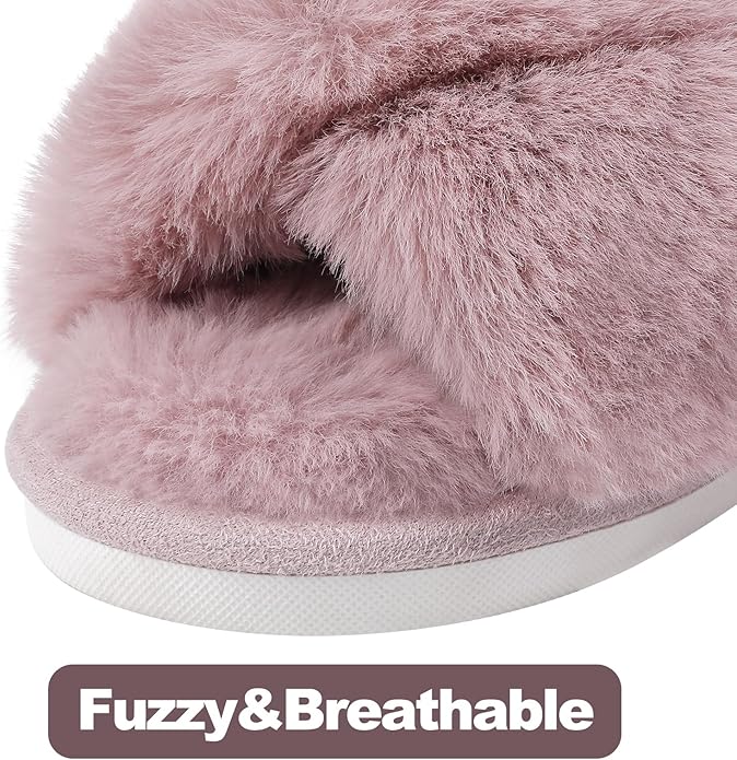 Evshine Women's Fuzzy Slippers Cross Band Memory Foam House Slippers Open Toe - Image 2