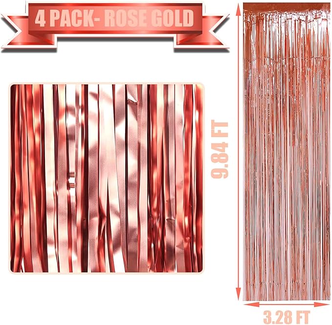4 Pack Rose Gold Foil Fringe Curtain Backdrop, 3.28Ft x 9.84Ft Metallic Tinsel - Image 2