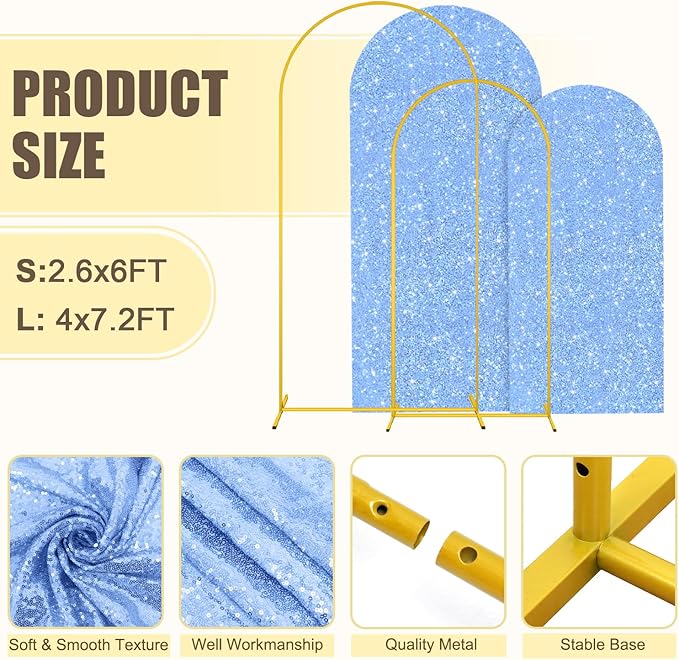 MODFUNS Metal Arch Backdrop Stand and Cover 6&7.2ft Baby Blue Glitter Arch - Image 3