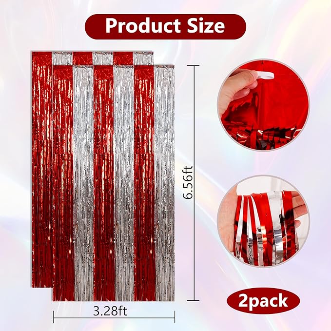 BEISHIDA Red Silver Door Streamers Backdrop Foil Fringe Tinsel Party Streamers - Image 2