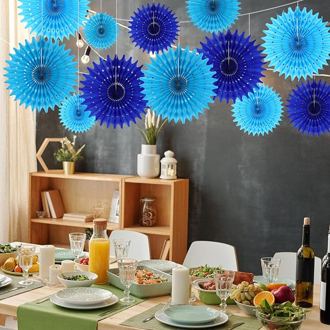 BestoFun 12PCS Paper Fans Blue Party Decorations Tissue Paper Flowers - Image 6