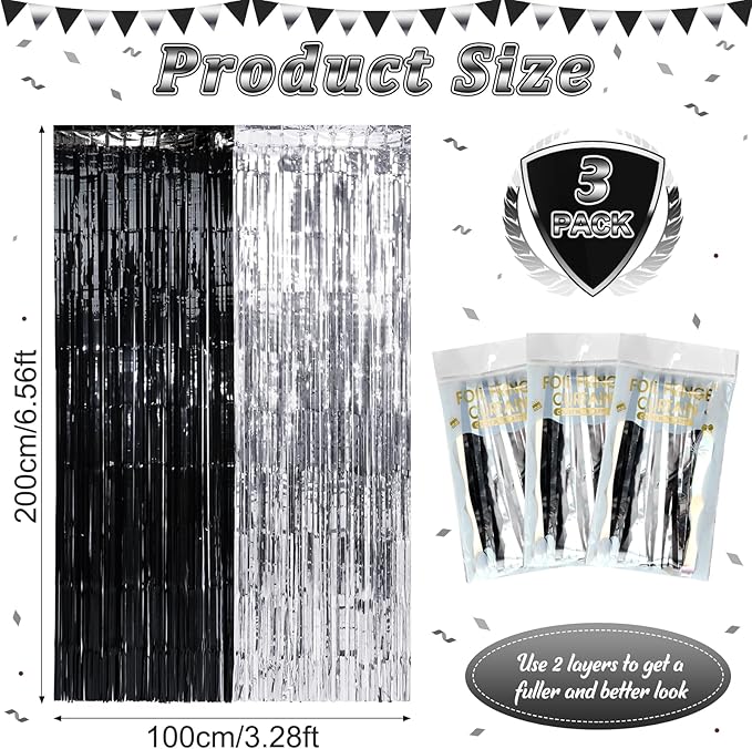 3 Pack 3.3Ft x 6.6Ft Graduation Foil Fringe Curtain Backdrop Decorations - Image 3
