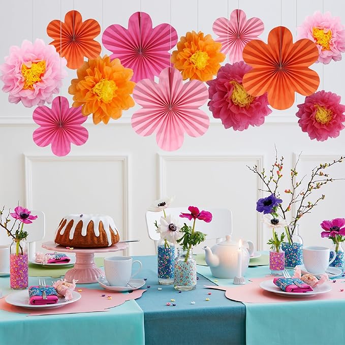 12PCS Paper Flowers Fans Orange and Hot Pink Party Decorations Tissue Paper - Image 2
