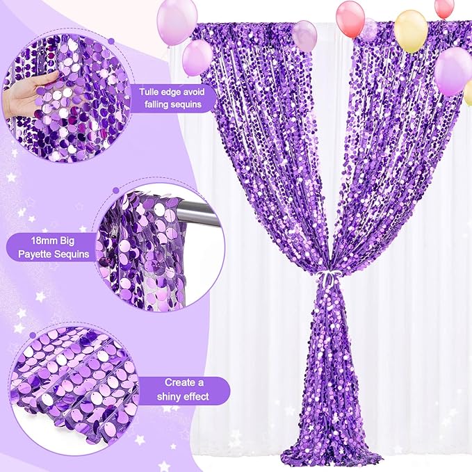 Backdrop Curtains 2 Packs 4x8FT Purple Party Theme Decoration Wedding Sequin - Image 4