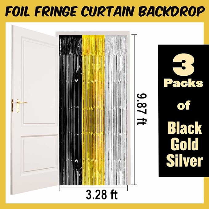 3 Pack Black Gold Silver Foil Fringe Curtains Backdrop, 3.28 x 9.8 Ft Metallic - Image 2