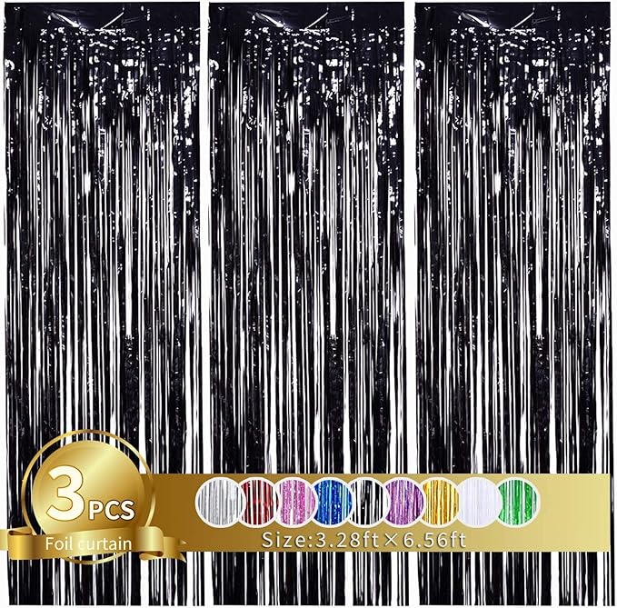 TONIFUL 3Pcs Black Door Streamers, Photo Booth Backdrop, Metallic Streamers by TONIFUL