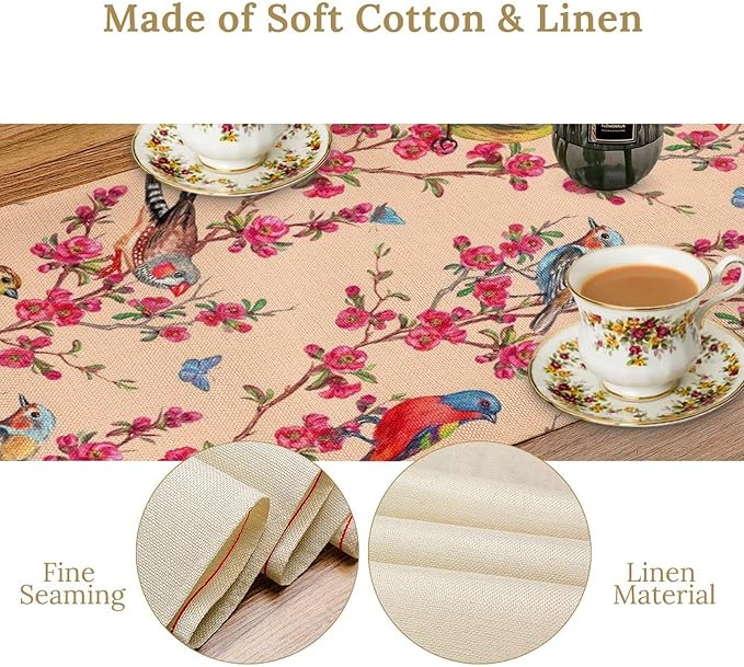 Floral Butterfly Table Runner Seasonal Spring Flower Bird Table Decoration - Image 7