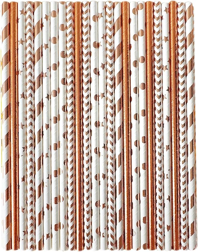 YAOSHENG Pink & Gold Paper Straws Disposable, 100% Biodegradable Multi-Pattern by YAOSHENG