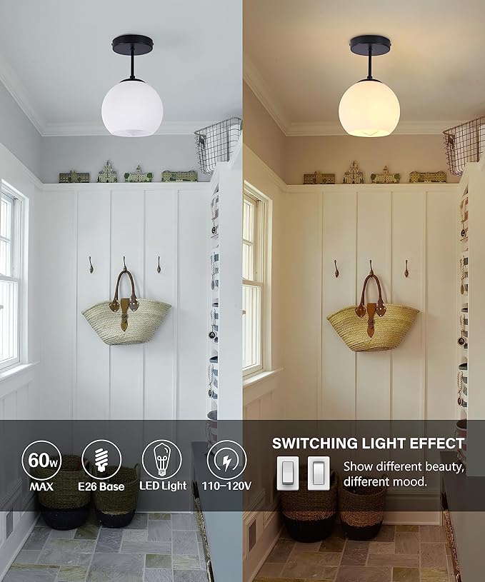 Black Semi Flush Mount Ceiling Light Fixture Milk Glass Light Fixture Mid - Image 4
