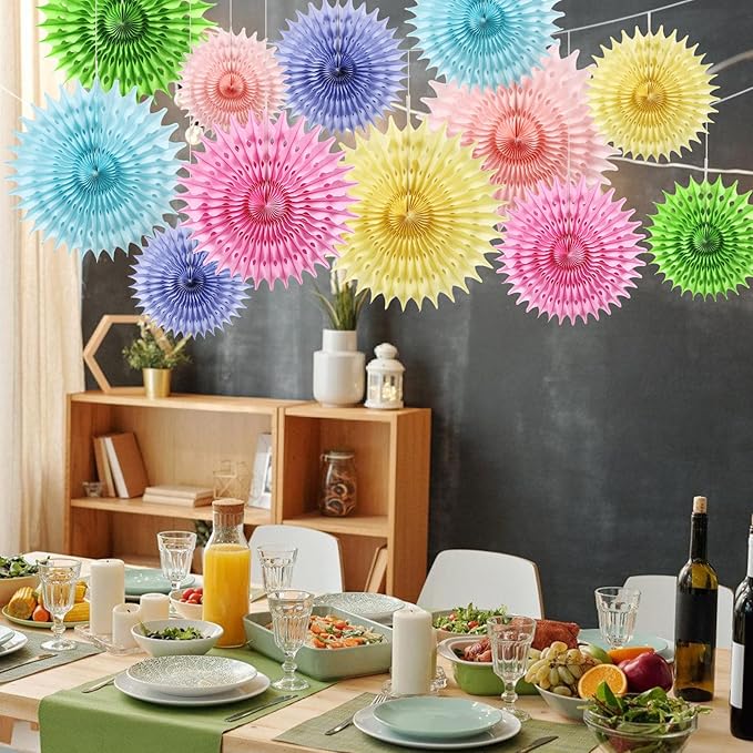 12PCS Paper Fans Pastel Rainbow Colorful Party Decorations Tissue Paper Flowers - Image 6