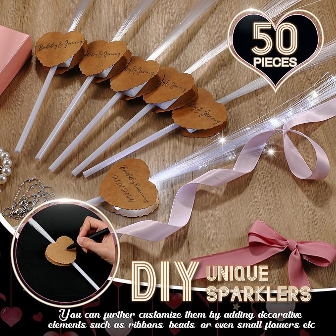 50 Pcs Wedding Sparklers Heart Shaped LED Glow Sticks Fiber Optic Wands Light - Image 2