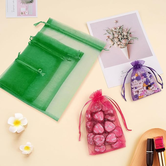 50 Pcs 3x4 Inch Christmas Green Organza Bags, Mesh Bags Drawstring Small Pouch - Image 4