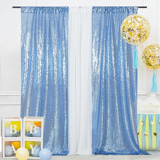 SquarePie Sequin Curtain 2FT x 8FT Baby Blue 2pcs Backdrop Sparkly Wedding by SquarePie