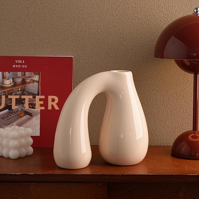 White Ceramic Vase – Glossy Modern Sculptural Décor, Arch Handle Artistic Design - Image 9