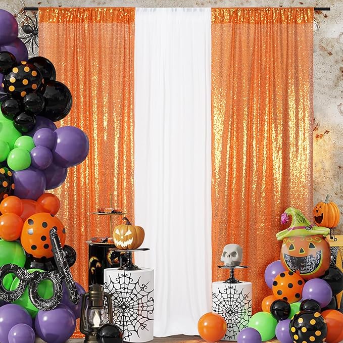 SquarePie Sequin Backdrop Curtain 2FTx8FT Orange 2pcs Background - Image 3