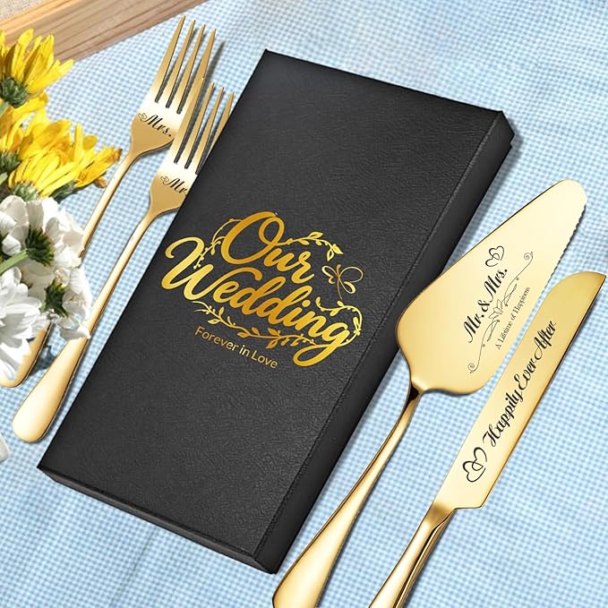 Personalized Wedding Cake Knife and Server Set, Wedding Gold Cake Cutting Set - Image 5