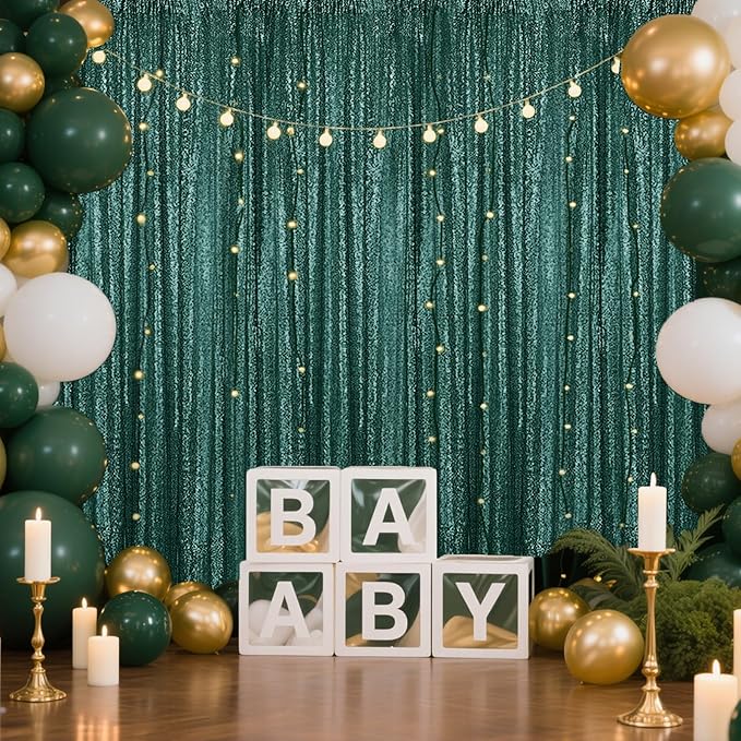 Dark Green Sequin Backdrop Curtain 2 Pieces 2FTx8FT Glitter Photography Backdrop - Image 2