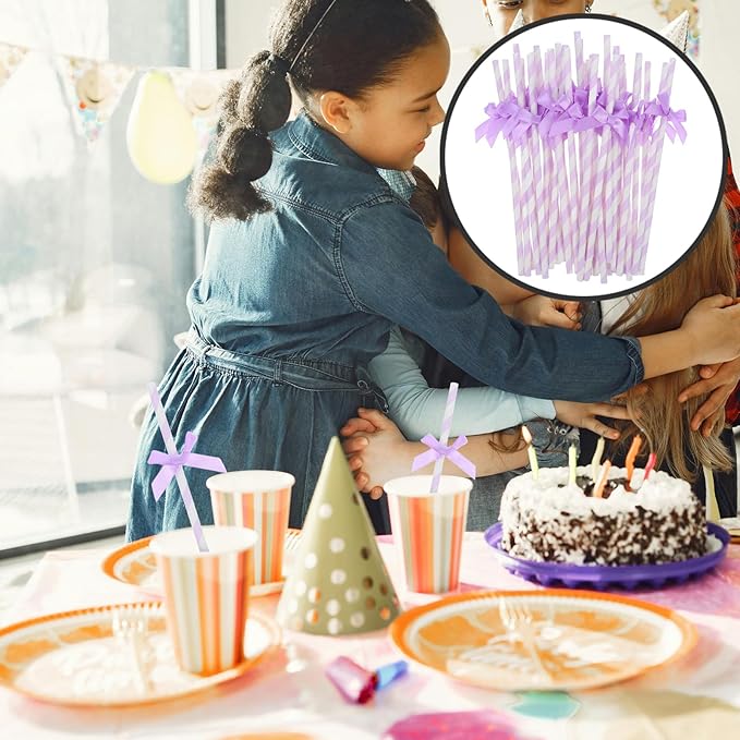 60Pcs Purple Paper Straws with Bow Tie Decorations, Disposable Drinking Straws - Image 9