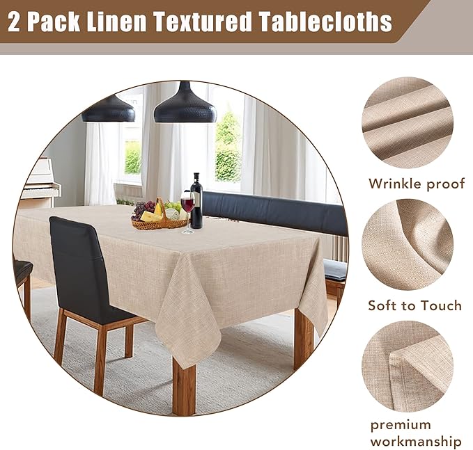 Fitable Beige Faux Linen Tablecloths Rectangle 60 x 84 Inch - Image 4