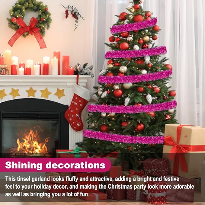 25 Feet Fuchsia Christmas Tinsel Garland, Metallic Foil Twist Garland Wall - Image 4