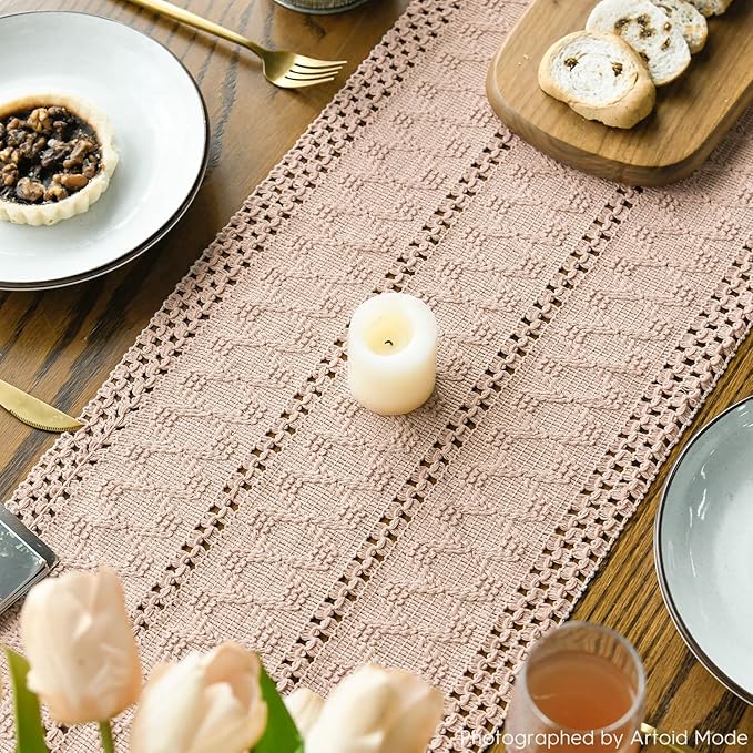 Artoid Mode Pink Farmhouse Woven Rustic Hollow Table Runner, Seasonal Holiday - Image 4