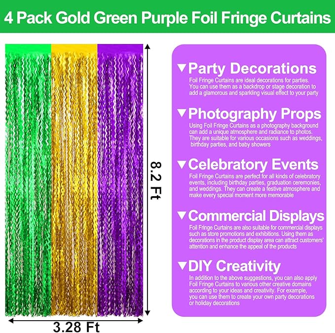 4 Pack Gold Green Purple Wave Foil Fringe Curtain Backdrop, 3.28Ft x 8.2Ft - Image 2