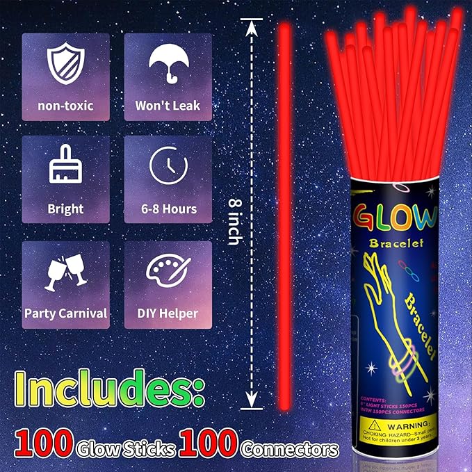 100 Pack 8” Red Glow Sticks Bulk - Image 2