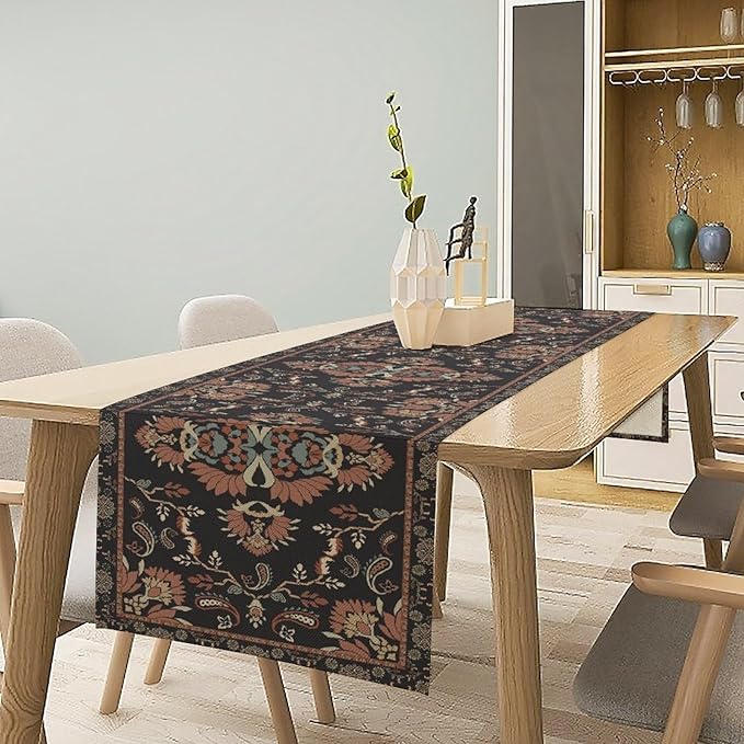 Boho Paisley Farmhouse Table Runner, Vintage Red Blue Retro Flower Rustic - Image 2