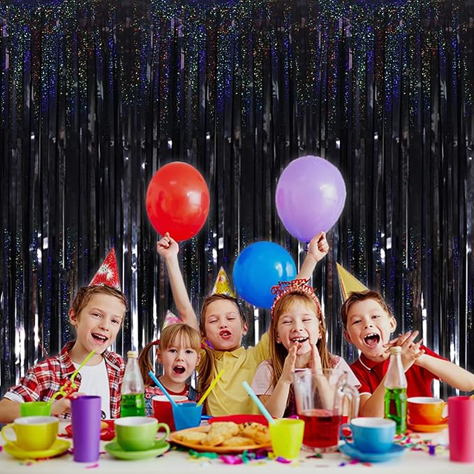 4 Pack Black Tinsel Foil Fringe Curtain Backdrop, 3.28Ft x 8.2Ft Metallic - Image 4