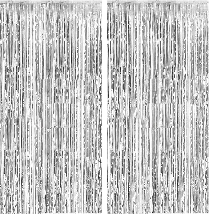 2 Pack Foil Curtain Backdrop Silver Metallic Tinsel Foil Fringe Curtains Photo by KEJ