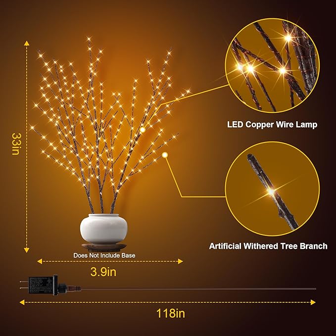 33in Lighted Branches with 180 LED Lights, Twinkling Light Up Tree with Timer - Image 3