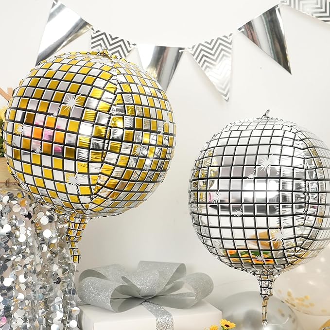 Disco Ball Balloons Gold Silve 4PC, Foil Disco Balloons 22 Inch 4D Round - Image 4