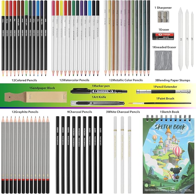 Vnzil 72 Pack Drawing Set Sketching Kit, Art Supplies - Image 2